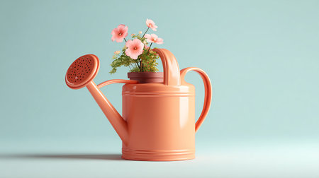 Watering can with pink flowers on a blue background. 3d renderingの素材