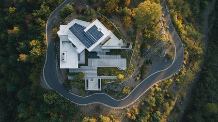 Aerial view of modern house with solar panels on roof in autumnの素材
