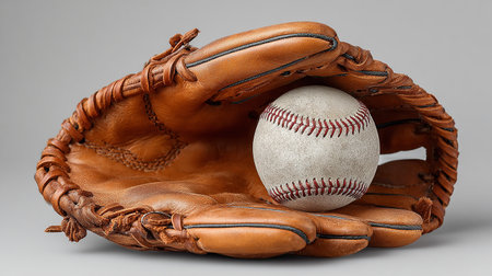 Baseball glove and ball on a gray background. 3d renderingの素材