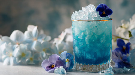 Blue lagoon cocktail with ice and violets flowers on blue backgroundの素材