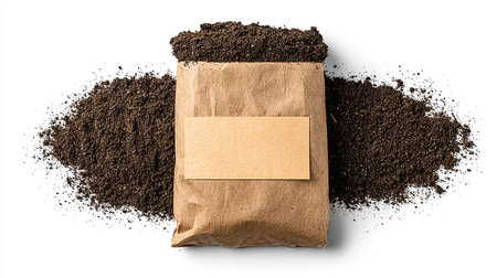 Pile of soil with brown paper bag isolated on white background.の素材