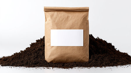 Brown paper bag with blank white label on ground on white background.の素材