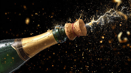 Close up of champagne bottle explosion with golden confetti on black backgroundの素材