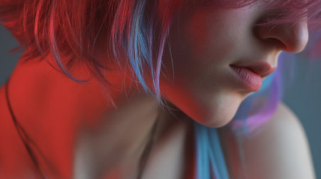 Close-up portrait of a beautiful young woman with pink hair.の素材