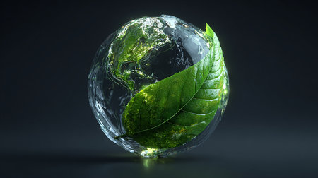 Ecology concept. Earth globe with green leaves. 3D renderingの素材