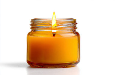Candle in a glass jar on a white background with copy spaceの素材