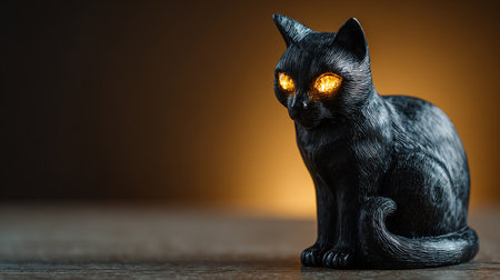 Black cat with orange light on wooden table. Halloween concept. Copy space.の素材