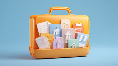 3d illustration of briefcase with paper houses and documents on blue backgroundの素材