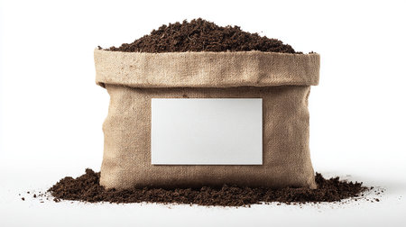 Sack of soil with blank card isolated on white background. 3d illustration.の素材