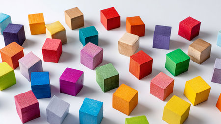 Wooden building blocks isolated on white background. Colorful wooden cubes.の素材