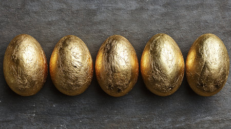 Golden easter eggs on a dark stone background. Top view.の素材
