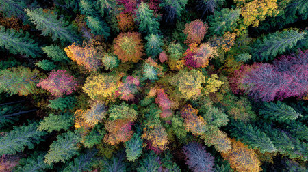 Aerial view of the autumn forest. Top view. Colorful trees.の素材