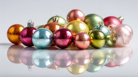 Colorful christmas baubles on a white background with reflectionの素材
