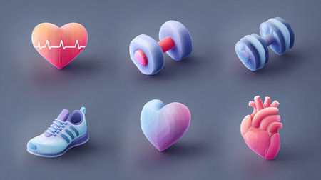 Fitness icons set. Heart, dumbbells, heart rate monitor and sneakers.の素材