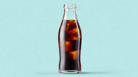 Cola with ice cubes in a glass bottle on a blue background.の素材