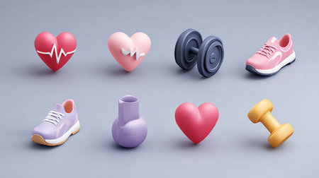 3d illustration of sports equipment with heart, dumbbells and sneakersの素材