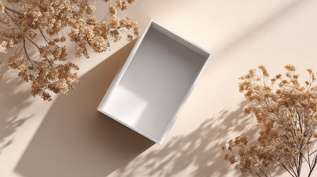 Top view of white box mockup with dried flowers on beige background. 3d renderingの素材
