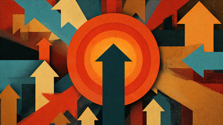 Arrows and target on abstract geometric background. 3d illustration.の素材
