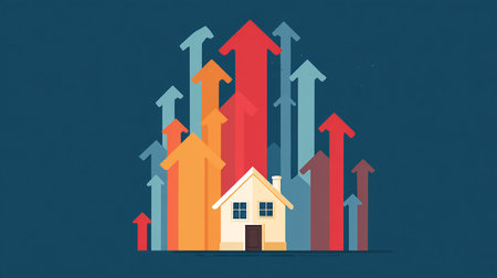 Real estate concept. House and arrow up. Vector illustration in flat styleの素材