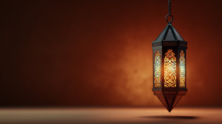 3d rendering of a Ramadan Kareem lantern hanging on a chainの素材