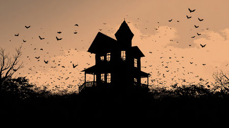 Silhouette of a house in the forest with flying birds.の素材