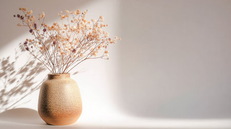 Dried flowers in vase on white background with shadow from windowの素材
