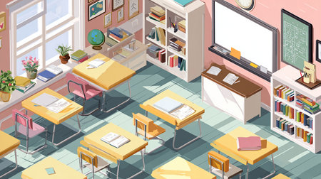 illustration of info graphic interior school room concept in isometric graphicの素材