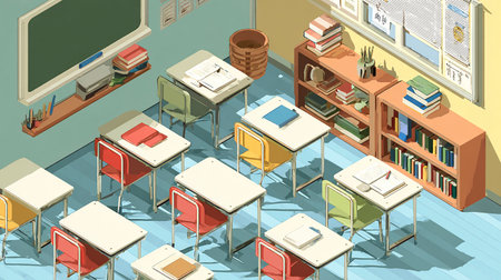 Classroom interior with desks and chairs isometric view vector illustration.の素材