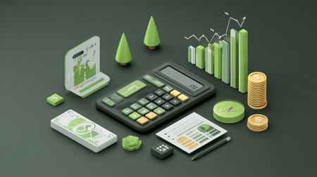 calculator and mobile phone with green business graph, 3d illustrationの素材