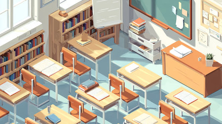 Isometric interior of a school classroom with desks, chairs and books. Vector illustrationの素材