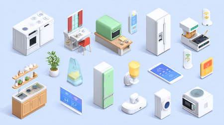 Kitchen appliances 3d isometric icons set with fridge microwave oven microwave oven oven electric cooker microwave oven isolated vector illustrationの素材
