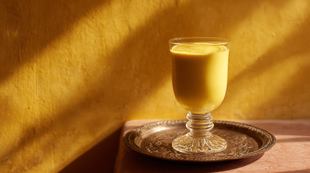 Creamy mango smoothie in a glass on a yellow backgroundの素材