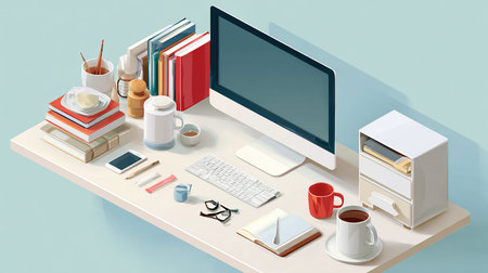 Working space with computer, coffee cup, books and other items. 3d illustrationの素材