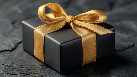 Black gift box with golden ribbon on black stone background, closeupの素材