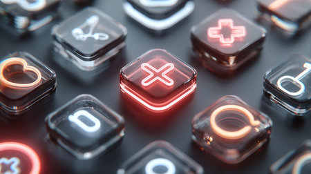 Calculator buttons with symbols on dark background. 3D renderingの素材