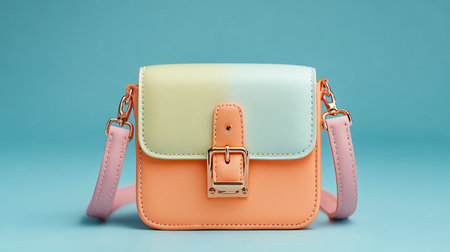 Fashionable women's handbag isolated on a blue background.の素材