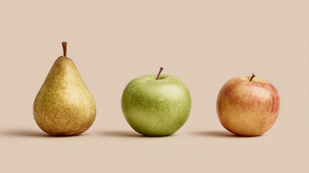 Three apples and pears on a beige background. 3d renderingの素材