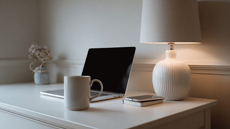 Laptop and coffee cup on white table in modern living room.の素材