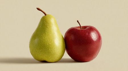 Two pears and apple on beige background. Copy space.の素材