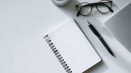 White office desk table with laptop, notebook, pen and glasses. Top view with copy spaceの素材