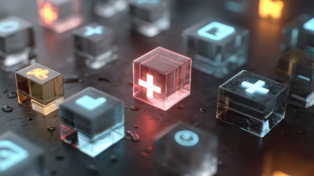 3D illustration of a set of metal cubes with medical symbols on a dark backgroundの素材