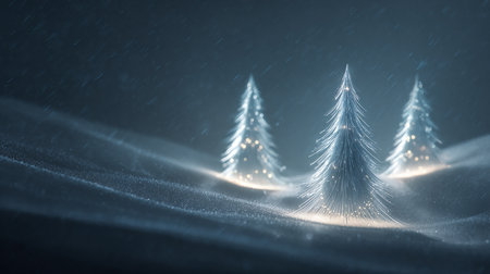 Abstract 3d render of winter landscape with fir trees and falling snow.の素材
