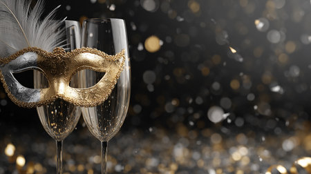 Glasses of champagne with masks and feathers on bokeh background. New Year celebration.の素材