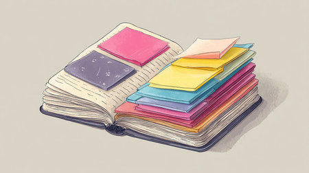 Open book with colorful sheets of paper on it. Vector illustration.の素材