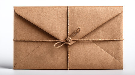 Brown envelope tied with twine on a white background. Isolatedの素材