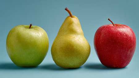 Three apples and pears on a blue background, close-upの素材