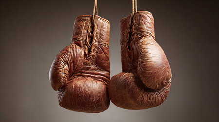 Pair of old leather boxing gloves hanging on a rope on a gray backgroundの素材
