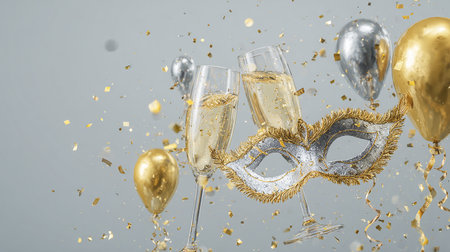 Glasses of champagne with masks and gold confetti on gray backgroundの素材