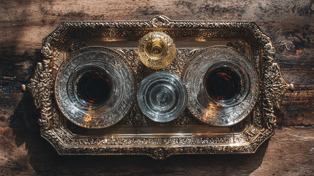 Vintage silver tray with two glasses of whiskey on old wooden backgroundの素材