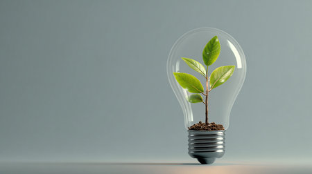 Glowing lightbulb with green sprout inside on grey backgroundの素材